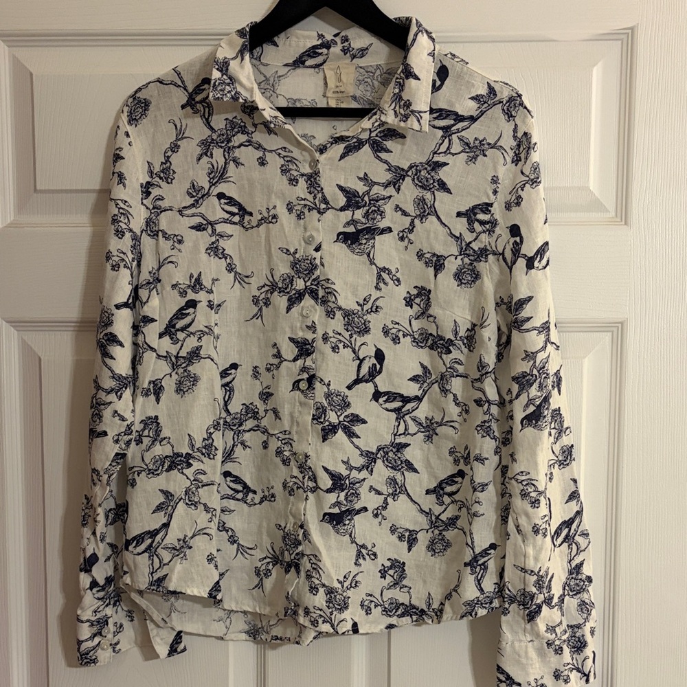 Joie White Linen Shirt with Navy Floral & Bird Print
